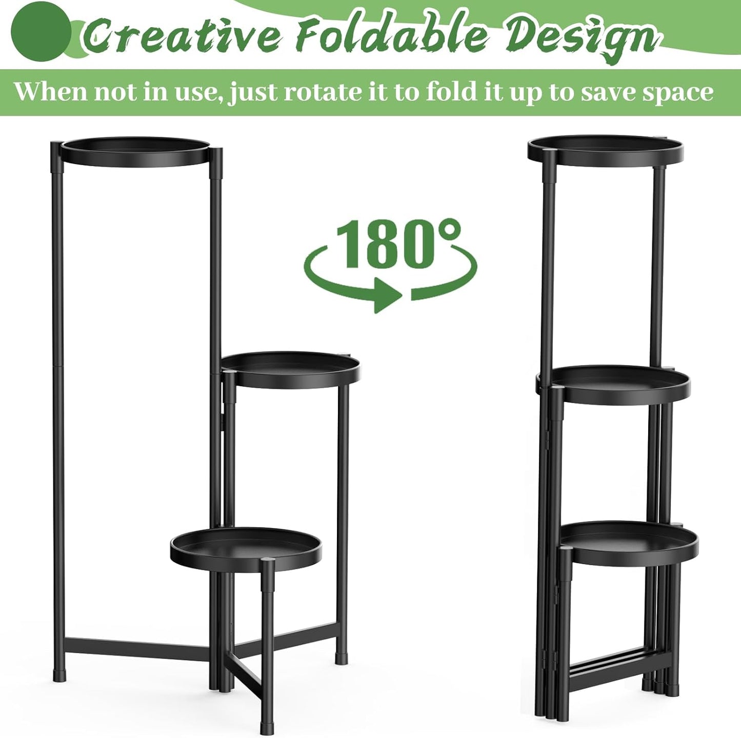 MOKANI Metal Plant Stand Indoor Outdoor for Multiple Plants, 3 Tiered Folding Corner Shelf Tall Flower Pot Holder Display Rack for Patio Living Room Balcony Garden, Black