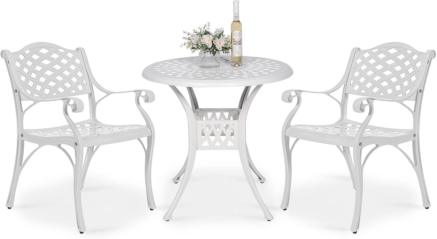 VIVIJASON 3-Piece Patio Furniture Dining Set, All-Weather Cast Aluminum Outdoor Bistro Set, Include 2 Dining Chairs and 31" Round Table w/ 2" Umbrella Hole for Balcony, Lawn, Garden, Backyard, White