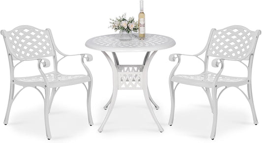 VIVIJASON 3-Piece Patio Furniture Dining Set, All-Weather Cast Aluminum Outdoor Bistro Set, Include 2 Dining Chairs and 31" Round Table w/ 2" Umbrella Hole for Balcony, Lawn, Garden, Backyard, White