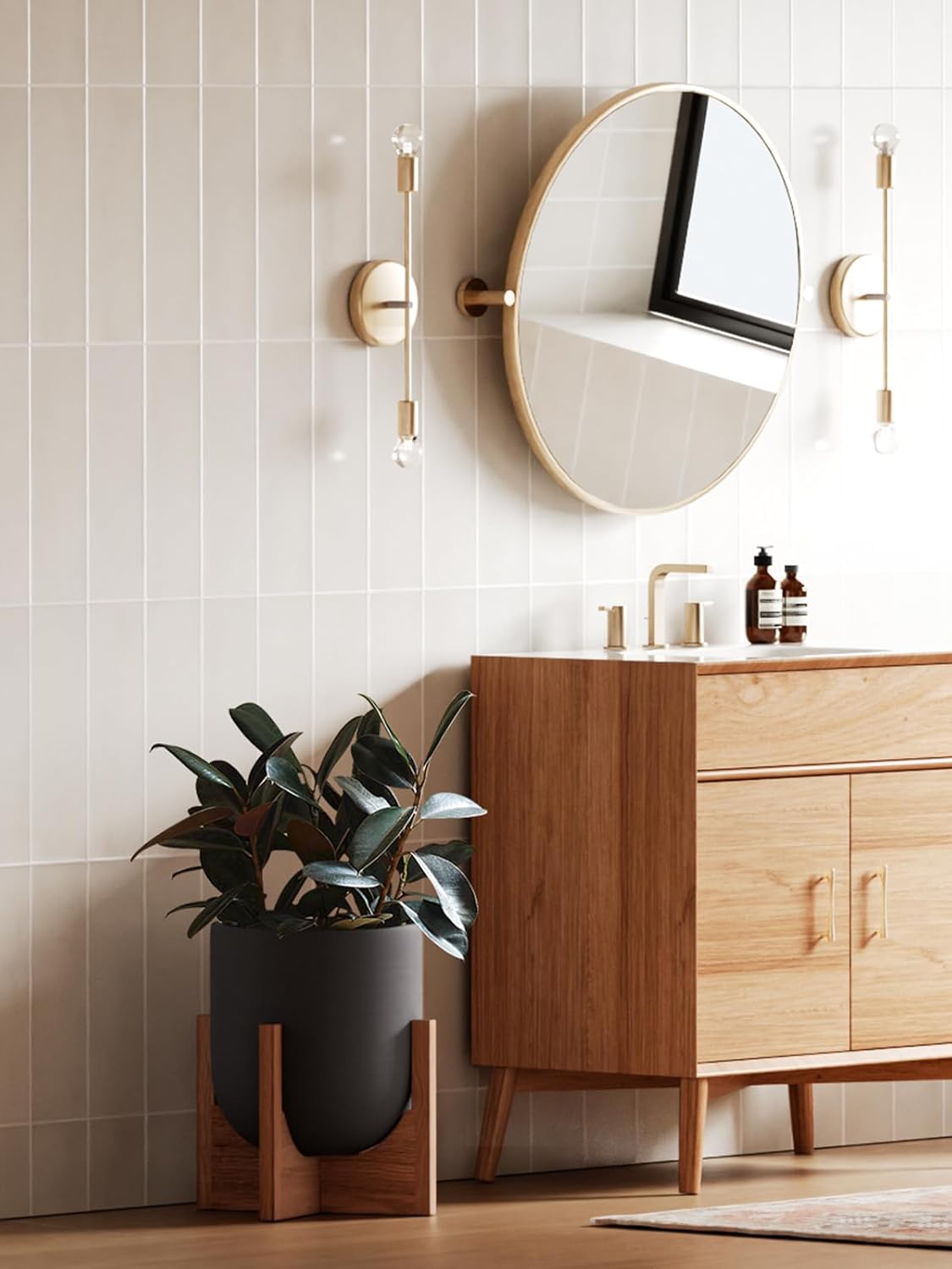 LE TAUCI 10 Inch Plant Pot with Acacia Wood Stand, Ceramic Planters for Indoor Plants, Plant Pots Indoor for Home Decor, Mid-Century Modern Pots for Plants with Drainage Hole and Plug, Charcoal Gray