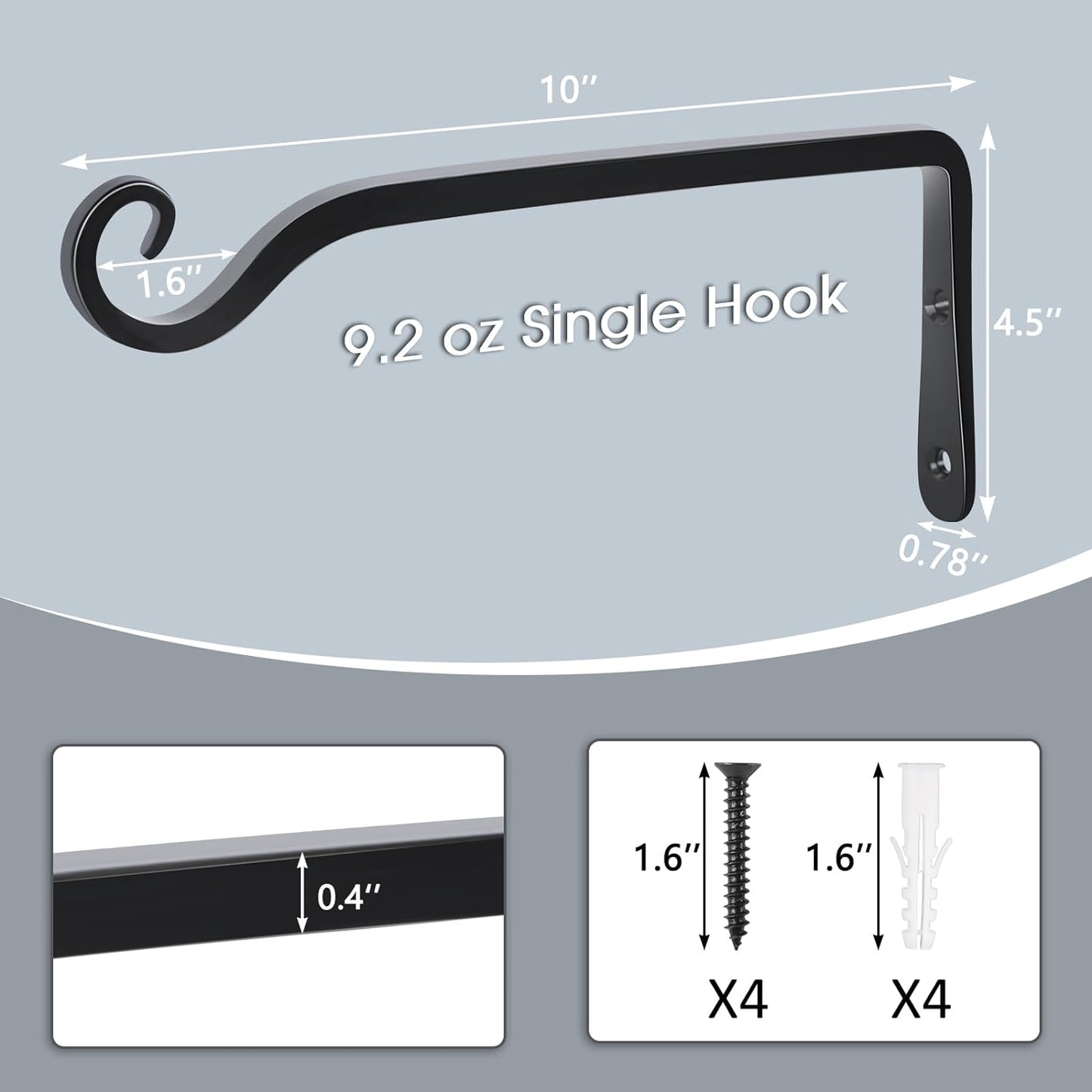 Gtongoko 2 Pack 10 Inch Metal Plant Hangers Wall Hooks for Hanging Plant Brackets, Outdoor Hooks for Hanging Bird Feeders, Flower Baskets, Lanterns, Wind Chinme, Solar Lamps