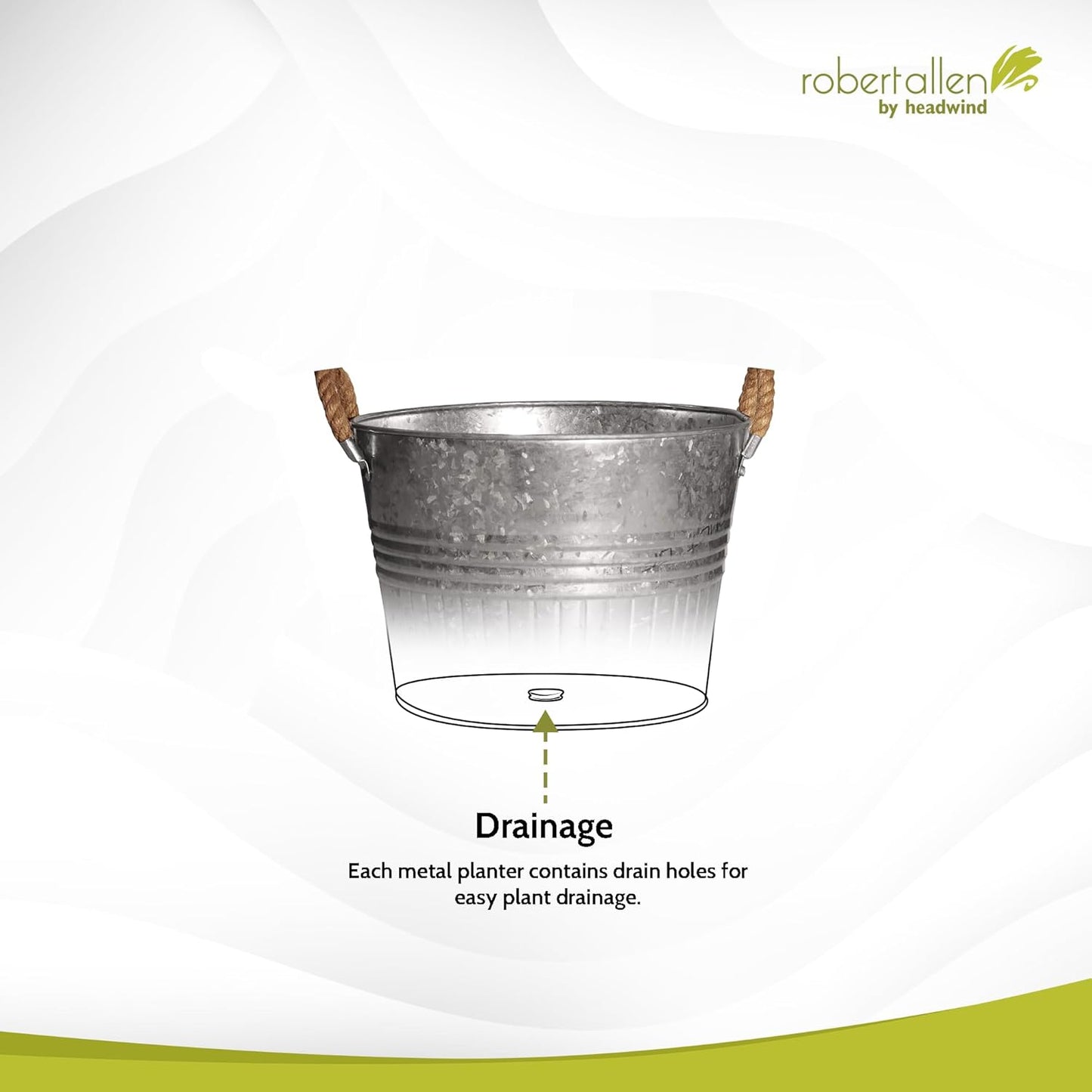 Headwind Round Galvanized Bucket w/Rope Handles – 8 Inch Metal Tub Bucket Planter for Outdoor Plants with Drainage Hole – Galvanized Large Outdoor Planters Buckets by Robert Allen