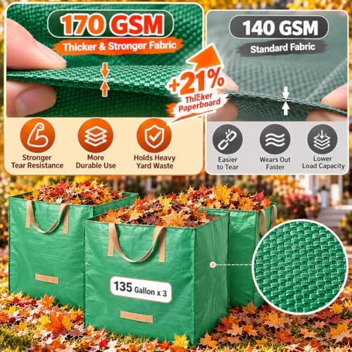 Yard Waste Bags, 135 Gallon Reusable Lawn and Leaf Bag 3 Pack