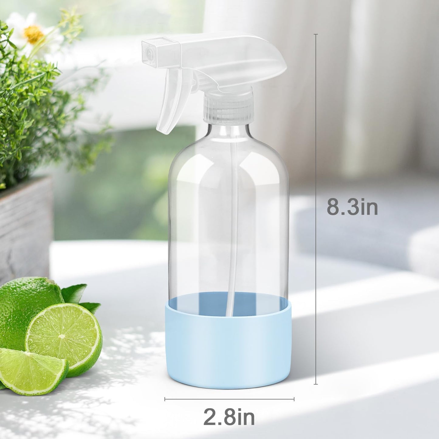 Glass Spray Bottles with Silicone Sleeve Protection, Empty 16 oz Refillable Containers, Reusable Spray Bottles with Adjustable Nozzle for Hair, Cleaning Solutions, 3 Pack Grey&Blue&Purple