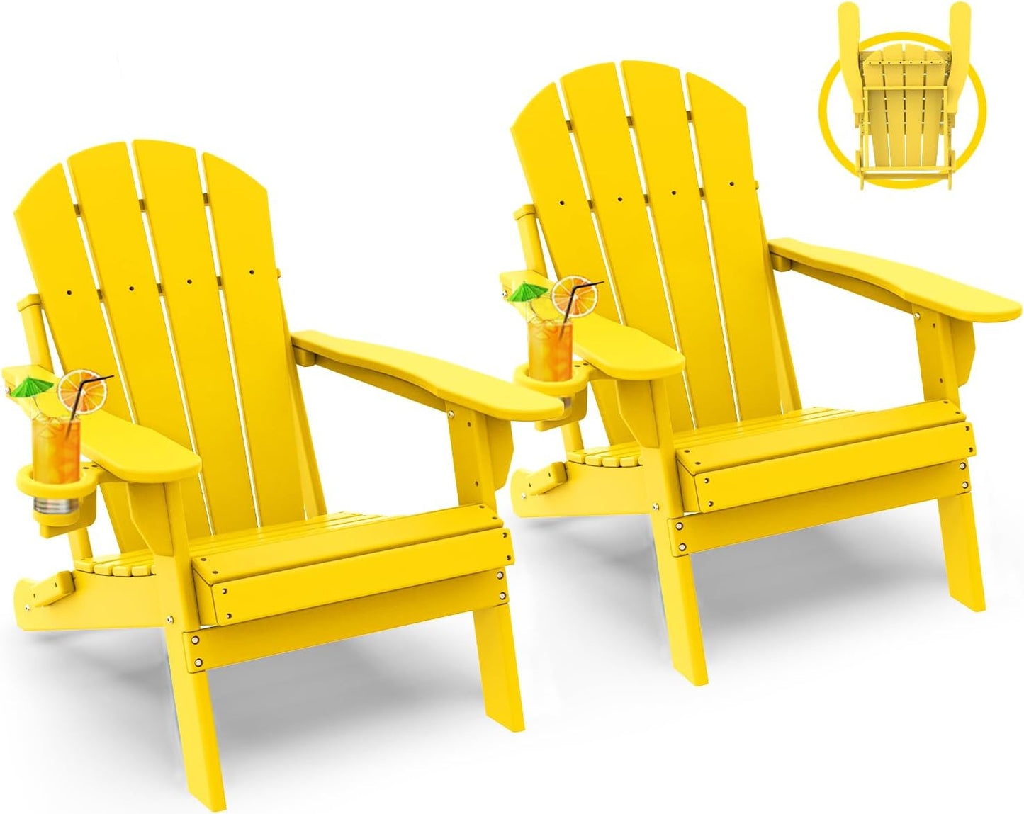 GREENVINES Folding-Adirondack-Chairs-Set-of-2 | HDPE Plastic | Fire Pit Chair | All Weather | Cup Holder | Yellow | for Deck Backyard Patio Outdoor Garden
