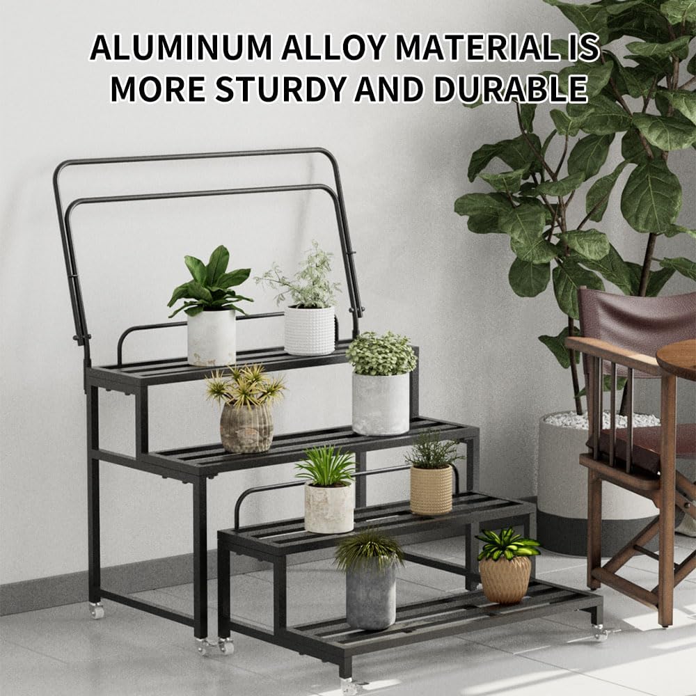 Metal Plant Stand for Outdoor Indoor, 4-Tier Aluminum Plant Stands, Multiple Plants Shelf with Universal Wheel, Flowers Pot Holder Rack for Lawn Garden Balcony Patio