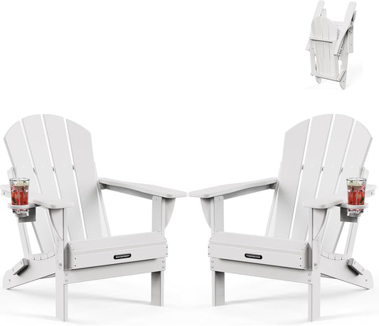 MUCHENGHY Folding Adirondack Chairs 2 Pack, Patio & Lawn Chairs, Outdoor & Backyard Chairs, Weather Resistant with Cup Holder, White