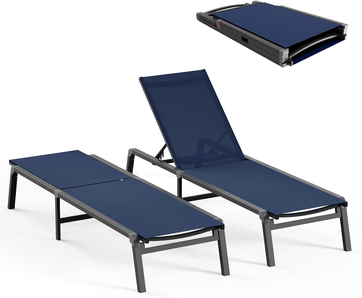 Patio Chaise Lounge Chair, Foldable Lounge Chair for Outside, Aluminum Chairs Set of 2 with 5 Adjustable Backrest, Outdoor Pool Lounger for Poolside, Lawn, Deck, Navy Blue