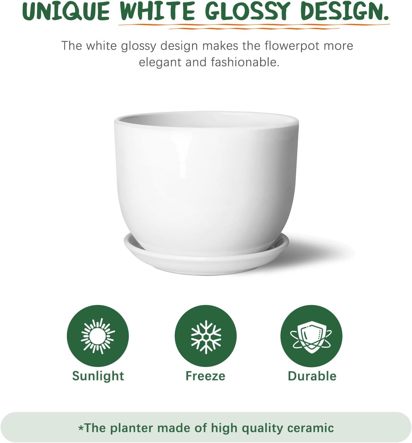 8 Inch Ceramic Planter, Plant Pots with Drainage Hole and Separable Saucer,Indoor-Outdoor Round Succulent Orchid Flower Pot,Indoor pots for Plants(Smooth White,Plant Pot only)