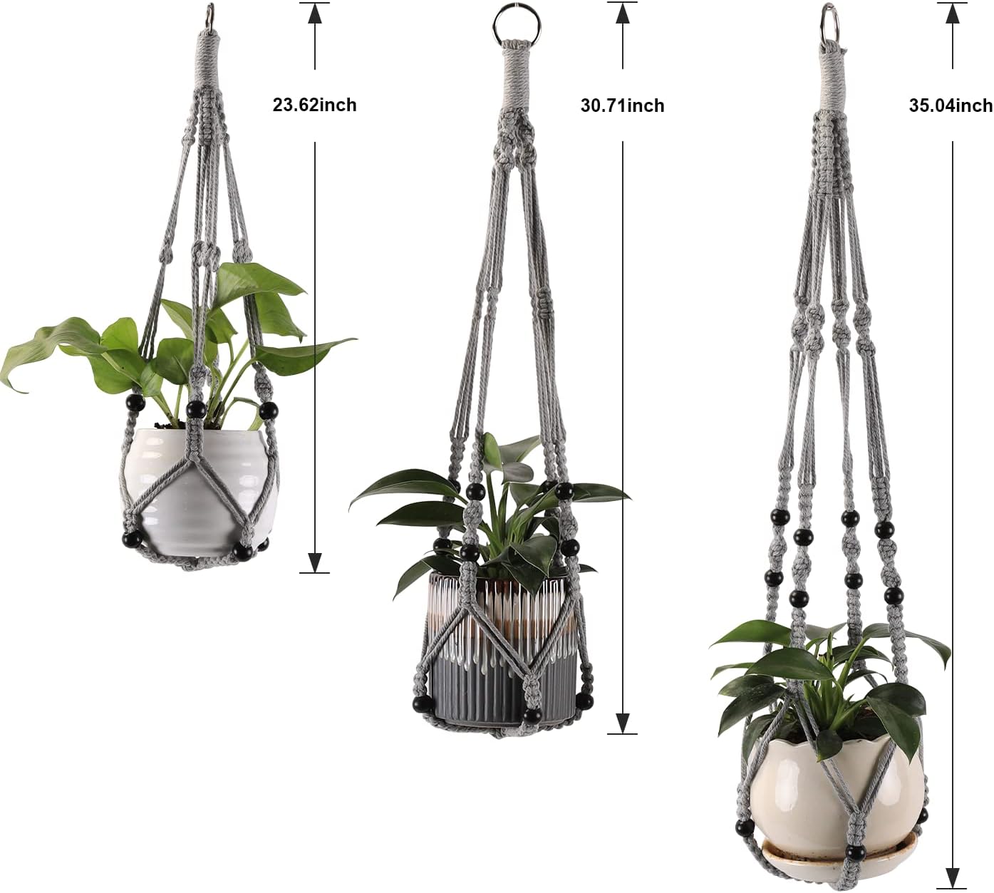3-Pack Macrame Plant Hanger Indoor - Hanging Planter Basket for Indoor Outdoor - Decorative Boho Plant Holders Set with Beads - Ceiling Flower Pot Holder with 6 Hooks - 35"/30"/24" Gray