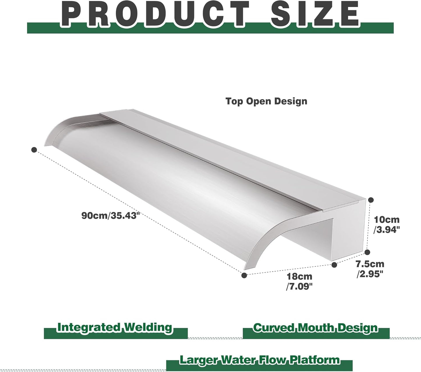 Waterfall Spillway, Stainless Steel Pool Fountain w/Top Open Lip & Pipe Connector Kits for Outdoor/Indoor Decorative, 35.4'' Pool Water Feature for Garden Patio, Backyard Koi Pond Decor