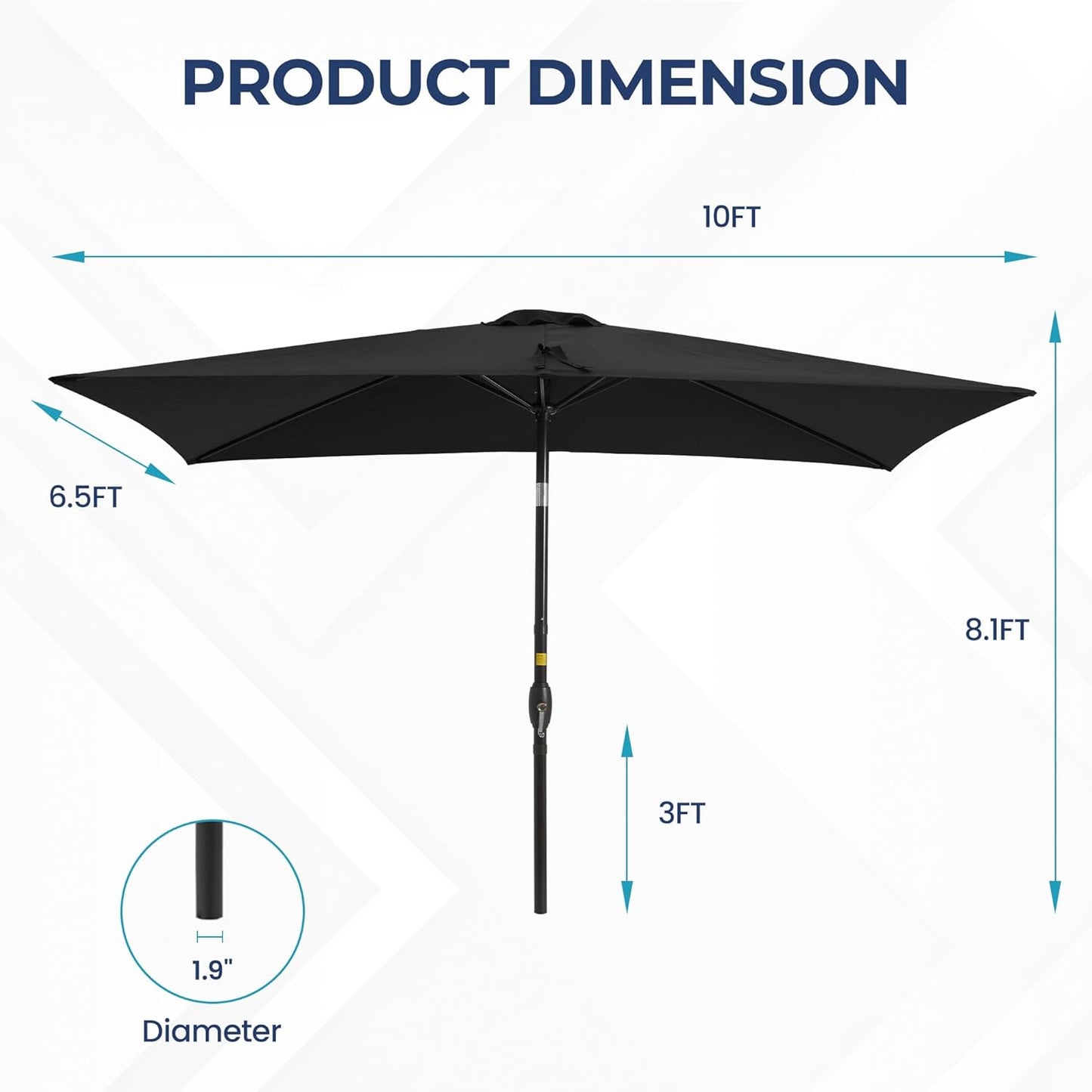 SUNVIVI OUTDOOR Patio Umbrella, 6.5' x 10' Rectangular Patio Umbrella, Metal Pole Square Outdoor Umbrella with Crank and Push Button Tilt, 6 Steel Ribs, Polyester Canopy
