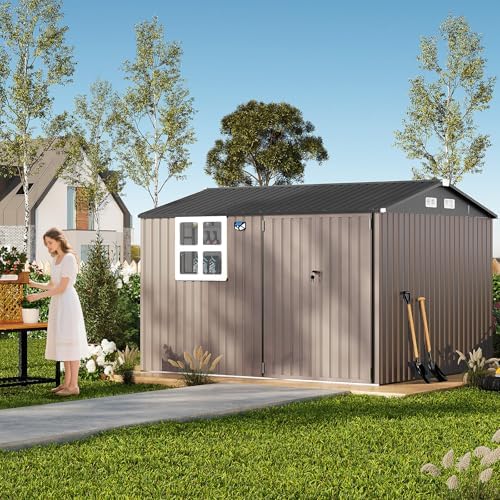 Garvee 6x8 Ft Heavy-Duty Metal Storage Shed with Lockable Door & Windows - Galvanized Steel Outdoor Utility Shed with Sloped Roof for Backyard, Garden, Garage, and Patio, Brown