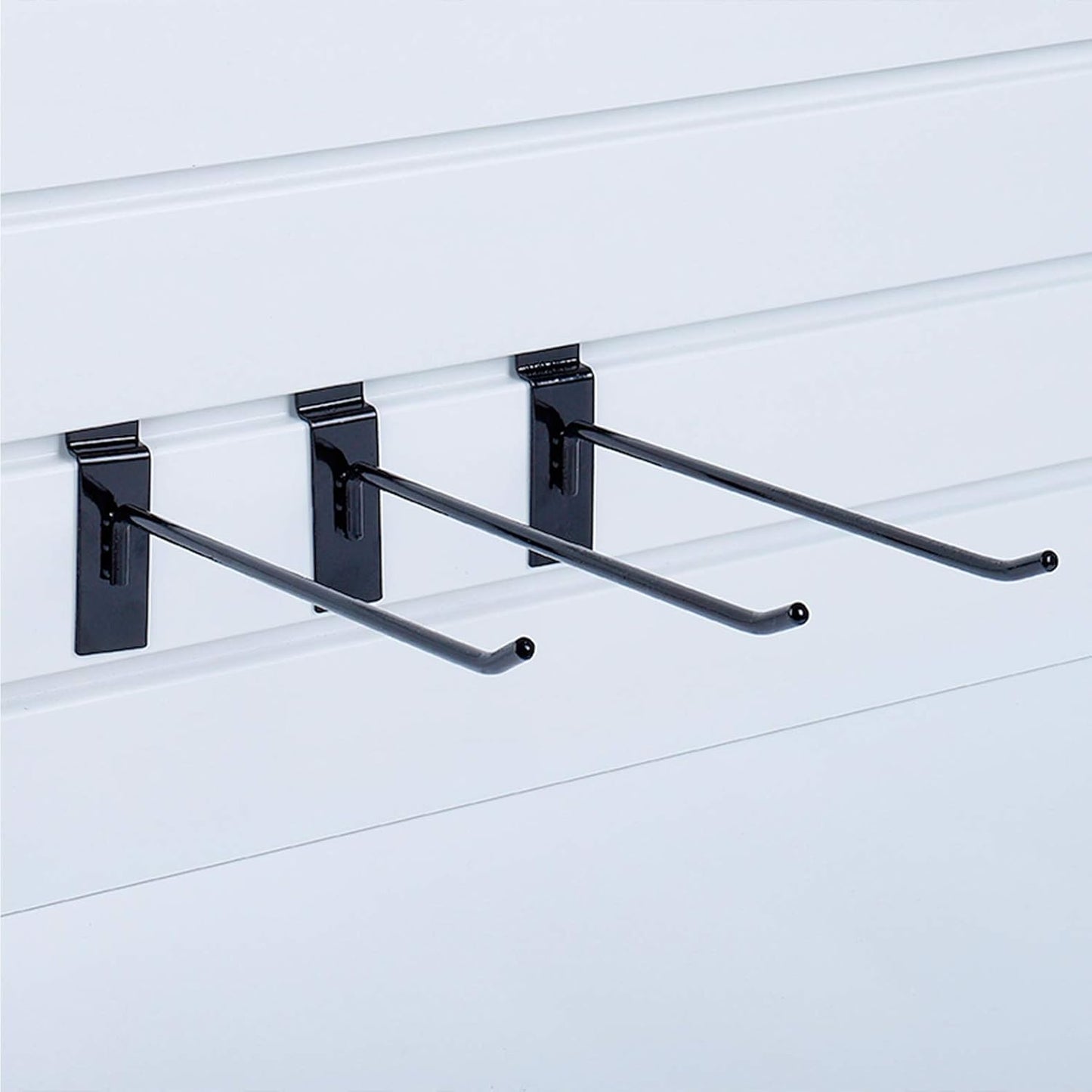 KINGDOM SOLUTIONS – 16-Pack Black Metal Slatwall Hooks (8X 4, 8X 6) – Heavy-Duty Slat Wall Accessories for Garage Organization, Retail Displays & Tool Storage Systems