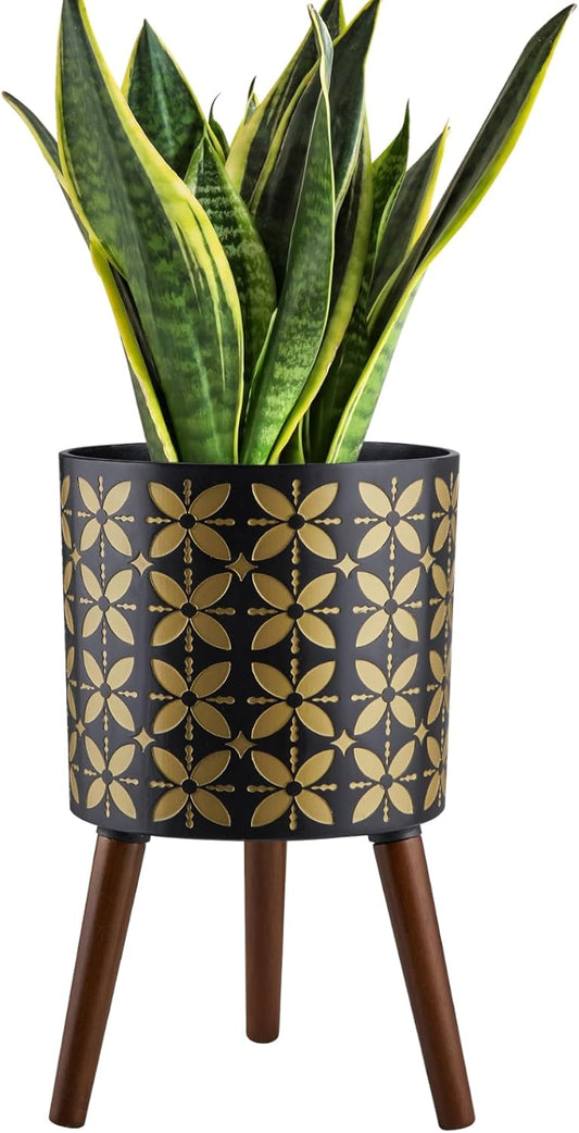 10 Inch Plant Pot with Stand, Planter for Indoor Plant Mid-Century with Drainage Holes for Outdoor,Black and Gold