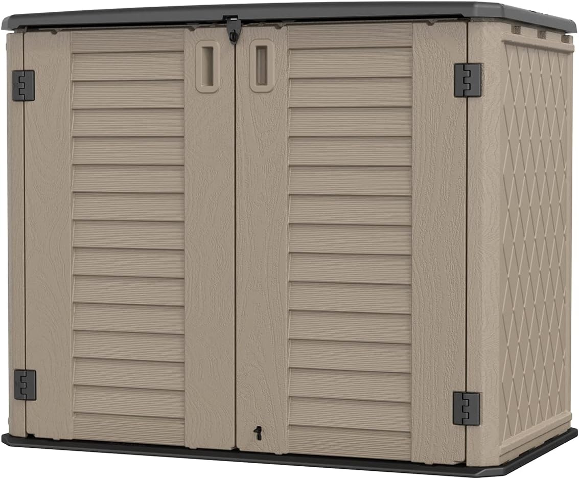 KINYING Outdoor Storage Shed - Horizontal Storage Cabinet Waterproof for Garden, Patio, Backyard, Storage Box for Easy Storage of Garbage Cans, Tools, Lawn Mower, 35 Cubic Feet,Dark Brown