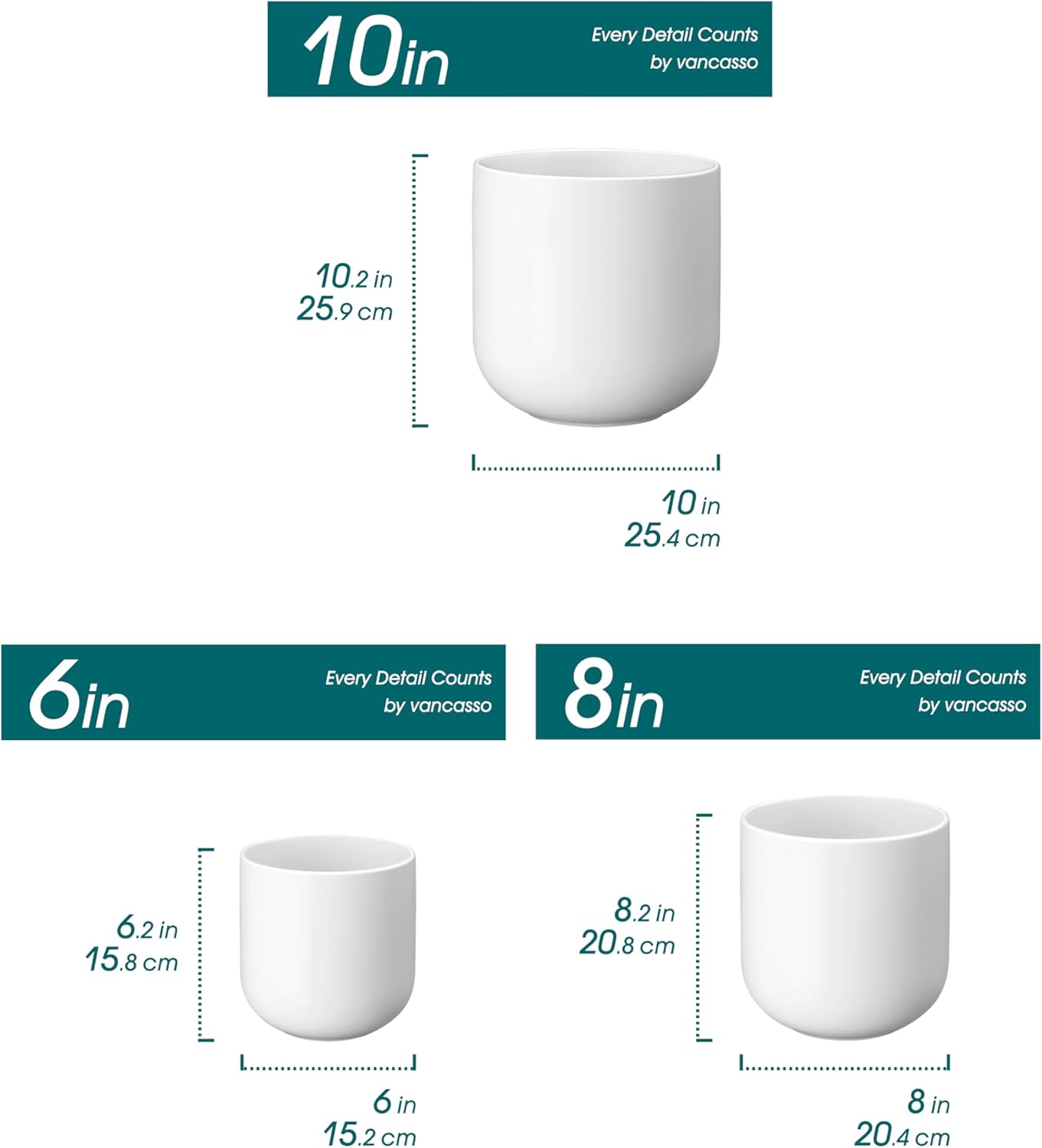 vancasso 6+8+10 inches Ceramic Plant Pots, Set of 3, Planters with Drainage Hole, Flower Pots Planters Pots for Indoor Plants, Modern Indoor Decorative Garden Pot, Home Decor, White