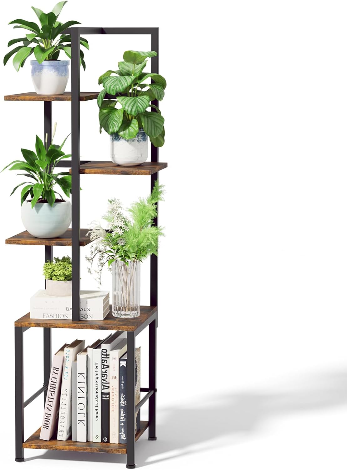 Plant Stand Indoor with Grow Light, 5-Tiered Tall Plant Stand Indoor, Metal Plant Shelf with Bookshelf Bookcase and Adjustable Light, Ideal for Living Room, Reading room, Garden, Patio (Brown)