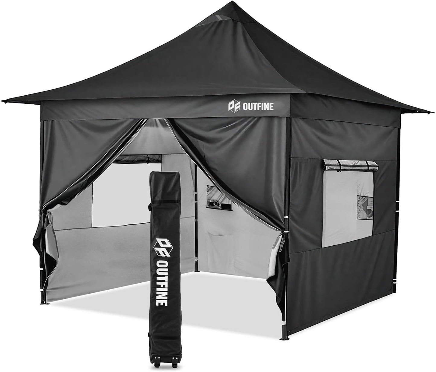 OUTFINE 12×12 Pop Up Canopy-Heavy Duty Canopy Tent with Sturdy Metal Frame(10×10 Base) Reinforced with Steel Cables, Roller Bag, Sidewall×4 for Exhibition, Party&Backyard (Black, 12 * 12FT Pro)
