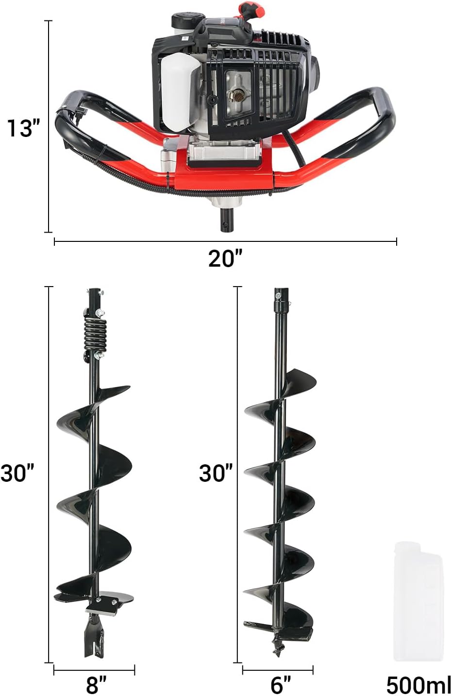 Post Hole Digger 52cc 1400W with 2 Earth Auger Drill 6"& 8" Bits, Auger Gas Powered Heavy Duty for Tree Planting Fence Gardening Ice Auger