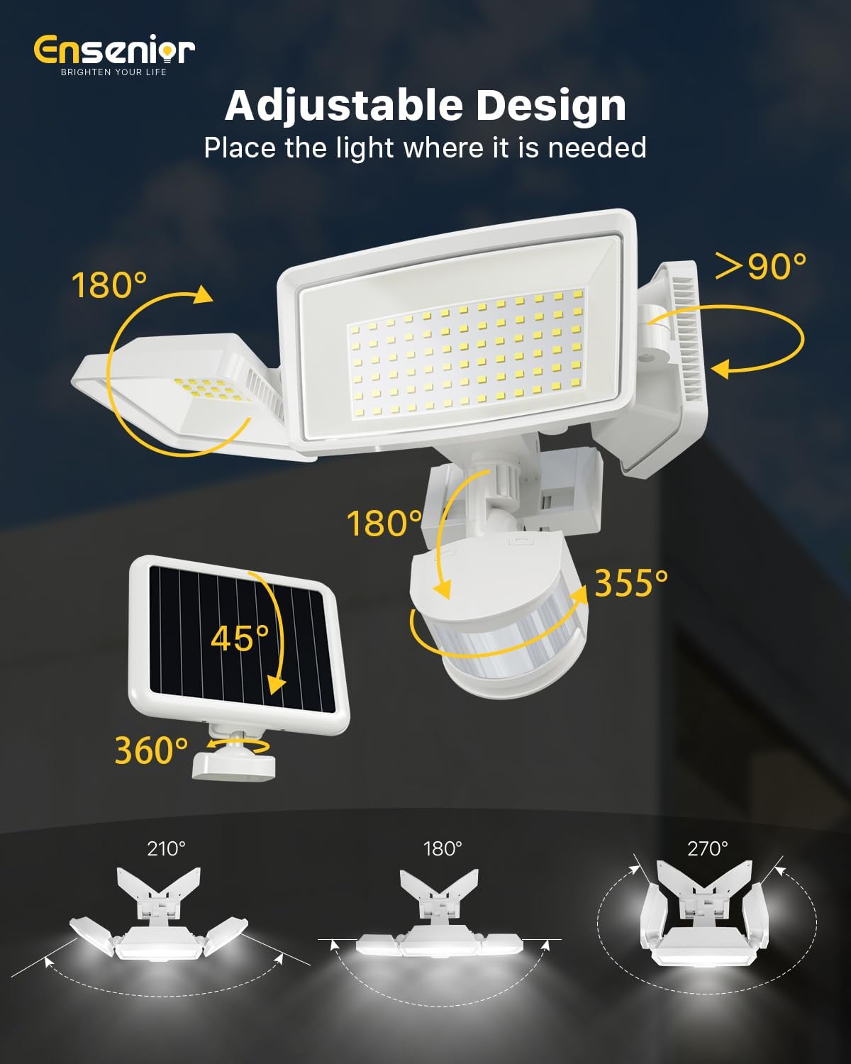 Ensenior 5 Motion Sensor Modes Solar Security Light, 1800LM 270° Wide Angle 3 Heads LED Flood Lights, IP65 Waterproof Wall Lights, Separate Solar Panel Remote Control Solar Lights Outdoor
