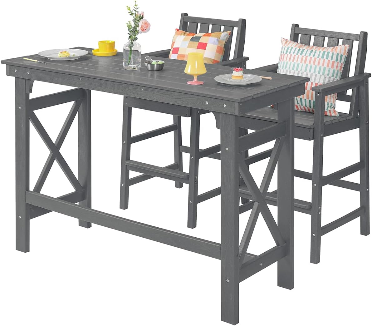 3 Pieces HDPE Outdoor Patio Bar Set, Rectangular Bar Height Table and Chairs Set, Patio Bar Stools Set, HDPE Outdoor Bar Table and Chairs Set for Balcony, Poolside, Porch, Smoke Gray