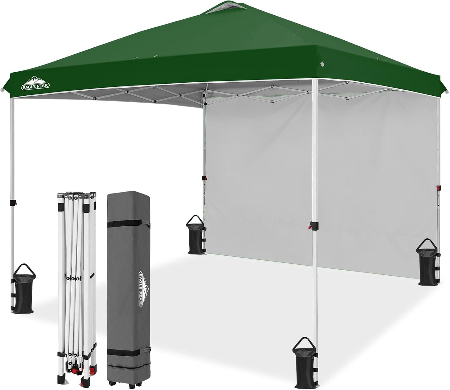 EAGLE PEAK Pop Up Canopy Tent with 1 Sidewall, Easy Setup Event Tent, Outdoor Sun Shade, Wheeled Carry Bag, Stakes and Guy Ropes, Instant Canopy 10x10, Green