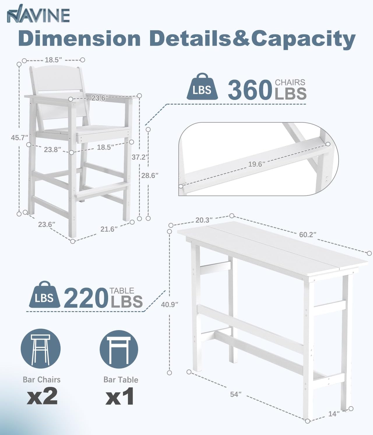 Bar Height Patio Table and Chairs Set, 3-Piece HDPE Outdoor Adirondack Bar Chairs and Patio Table, All-Weather Patio Furniture for Poolside, Backyard, Garden, High Top Patio Bar Set, White