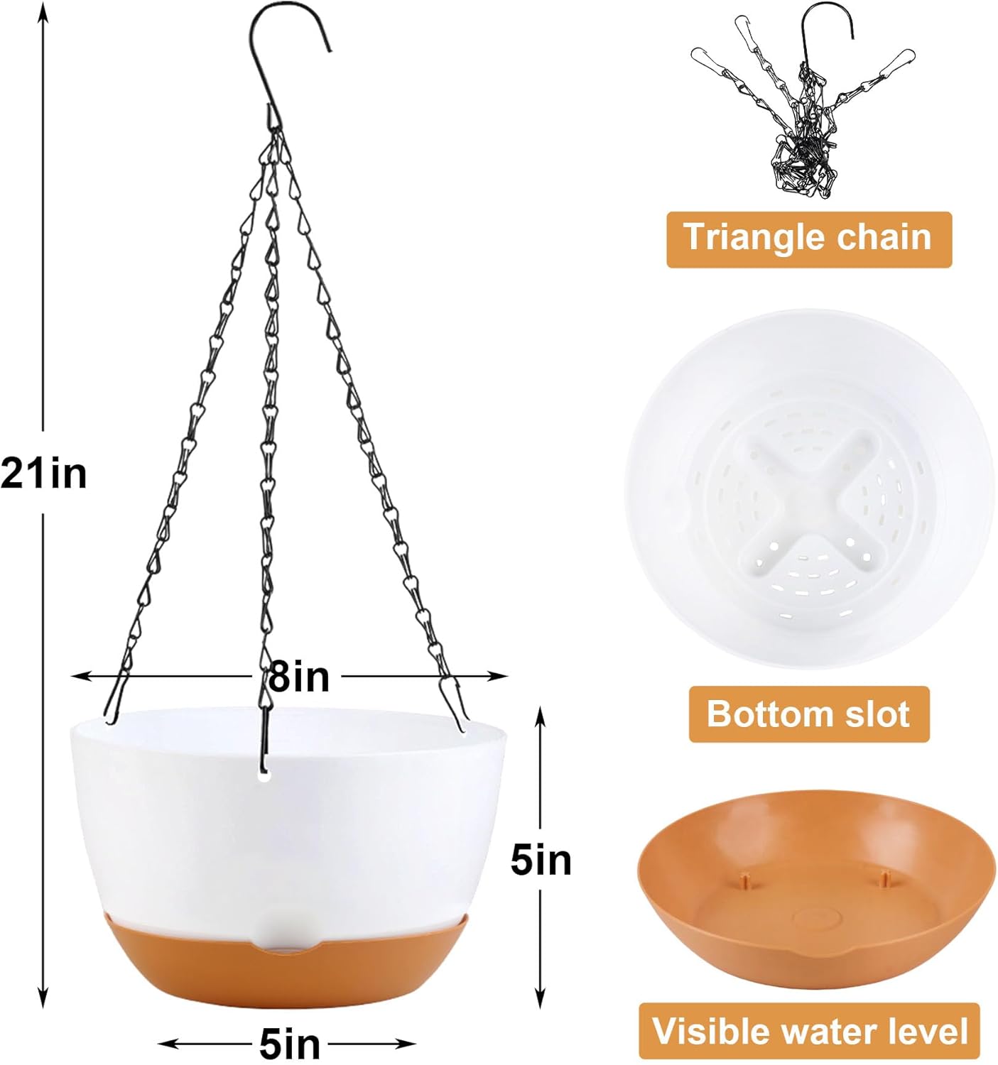 4 Pack Hanging Planter for Plants Indoor,8 Inch Plant Pot Outdoor Plastic Hanging Baskets with Drainage Holes and Chain for Garden Porch Plants(White+Black+Green+Beige)