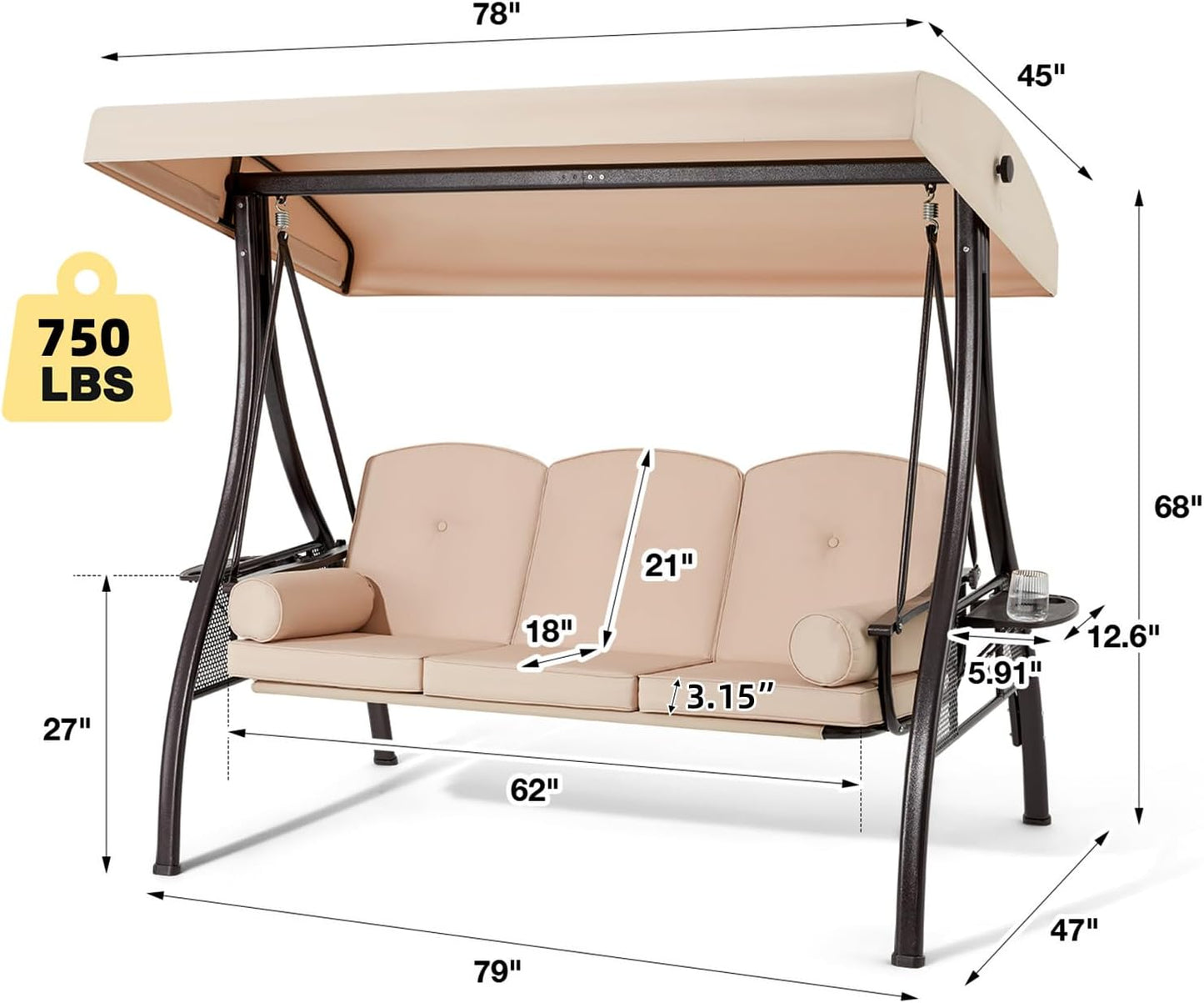 HOMREST 3 Person Outdoor Porch Swing with 1.5" Upgraded Cup Holder, Adjustable Canopy, Backrest, Patio Swing Bed with Weather Resistant Steel Frame, Cushions for Garden,Deck and Poolside(Khaki)