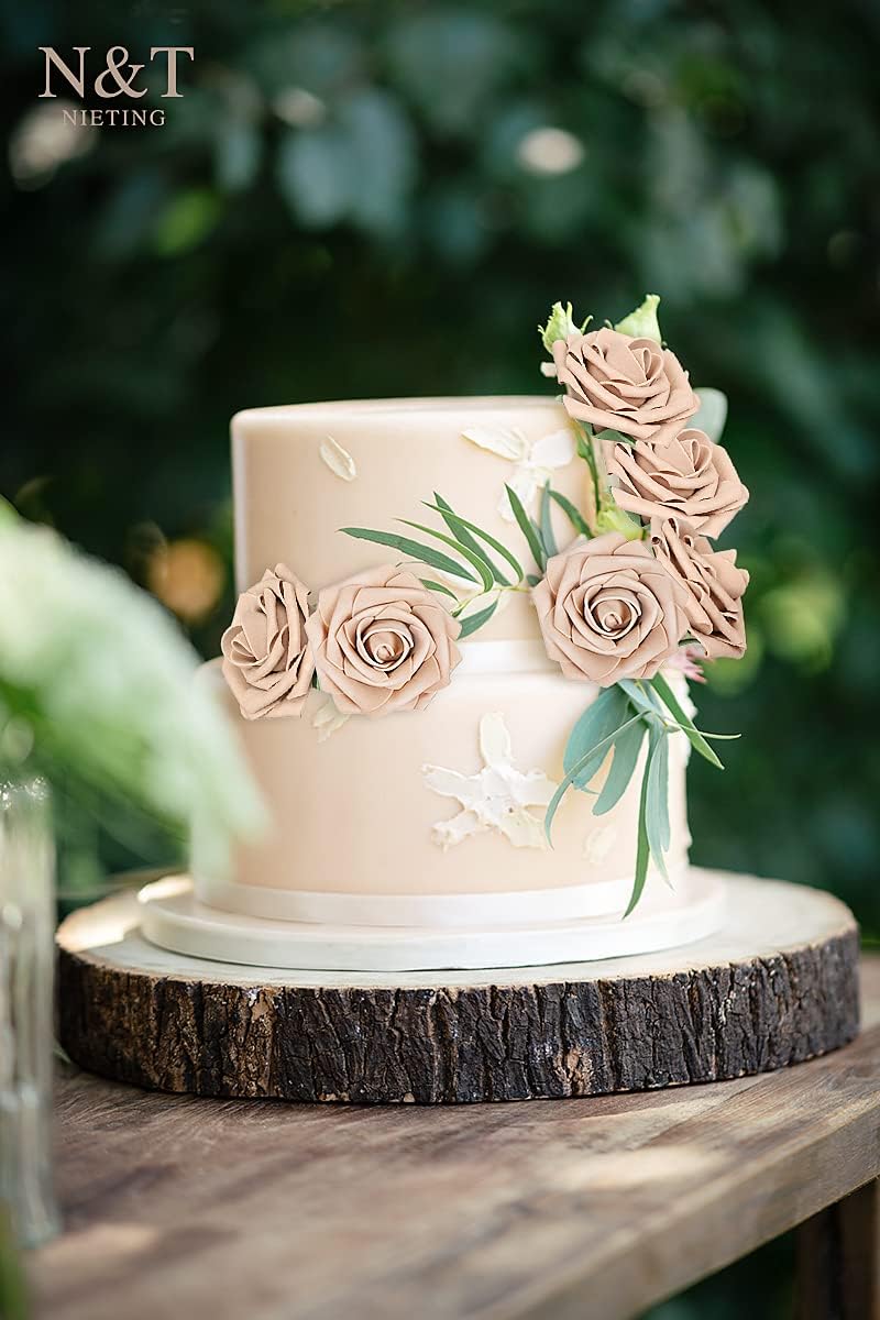 N&T NIETING Artificial Flowers Light Brown Roses, 50 Pcs Faux Flowers Fake Flowers Perfect for DIY Wedding Bouquets Centerpieces Birthday Party Home Flower Arrangement Decorations Fall Flowers