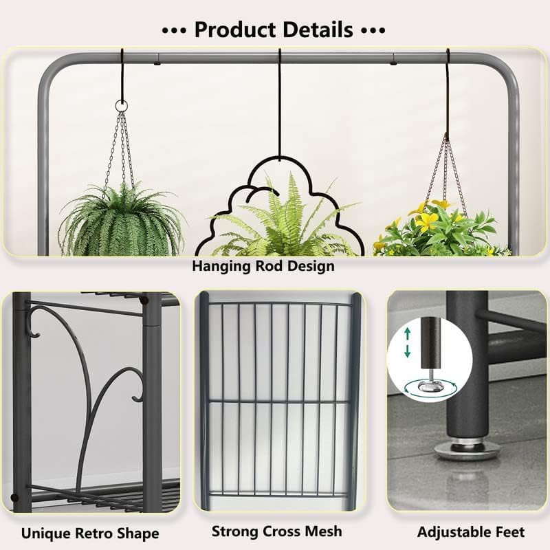 SORCEDAS Plant Stand Indoor Outdoor 3 Tier Tall Corner Hanging Plant Shelf Metal Flower Stands Ladder Plant Holder for Living Room Balcony Garden Patio Multiple Plants, Dark Grey