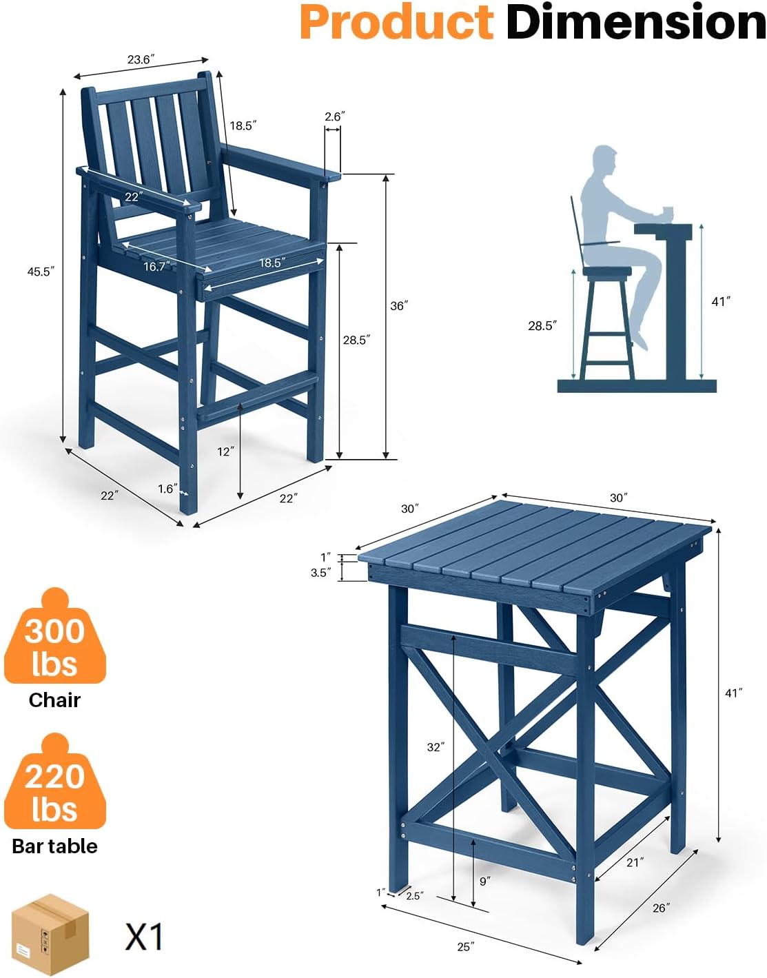 3-Piece Adirondack Chairs and Table Set, HDPE Outdoor Bar Sets, All Weather Outdoor Bar Stools Set, HDPE Adirondack Bar Height Chairs and Bar Table for Balcony, Bistro, Poolside, Navy