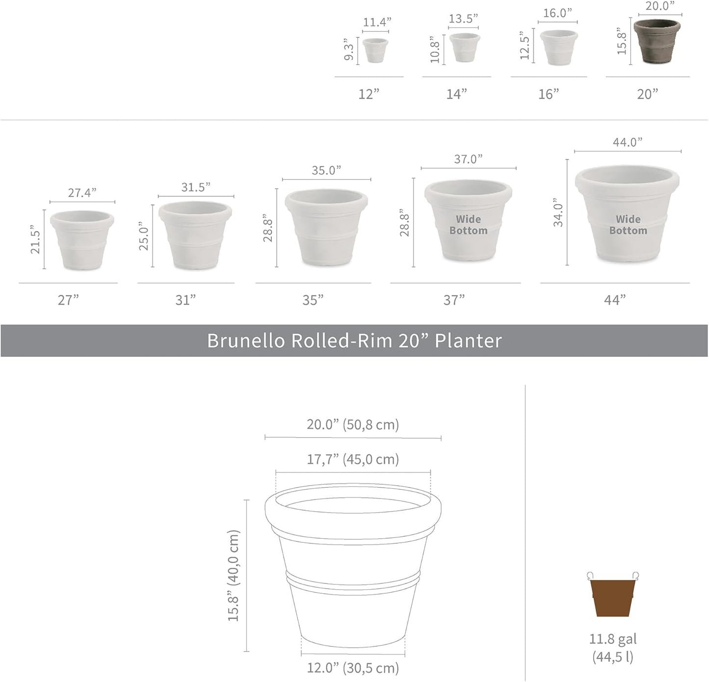 Crescent Garden Brunello Classic Rolled Rim Planter Pot, Indoor/Outdoor Plastic Round Plant Pot - Decorative Flower Pot - 20''W (Rust)