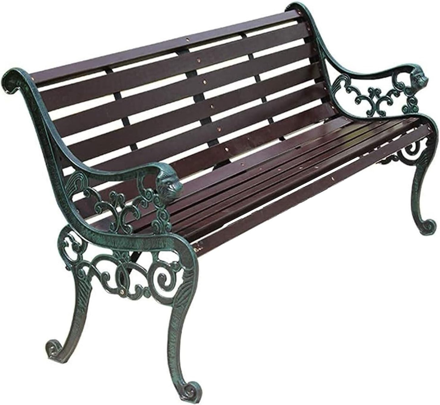 Outdoor Bench, Porch Bench, Garden Park Bench, Cast Aluminum Preservative Wood Bench with Backrest and Armrests for 2-3 People Porch/Deck/Patio Furniture(Brown+Antique Green Legs,150CM)