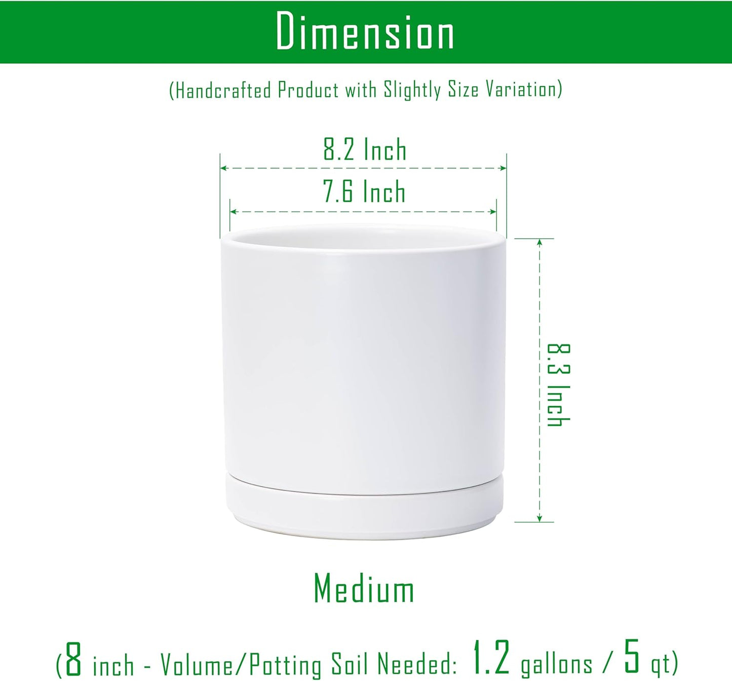 D'vine Dev 8 Inch Ceramic Planter Pot with Drainage Hole and Saucer, Indoor Cylinder Round Planter Pot, White, 94-O-D-1
