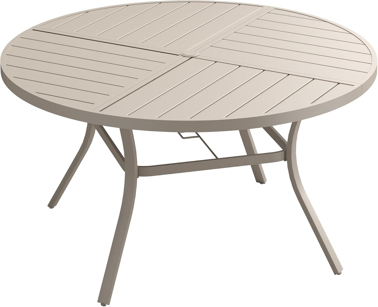 DIFY 53.1" Round Outdoor Patio Dining Table for 6-8, All-Weather Metal Steel Slatted Patio Table with 1.57" Adjustable Umbrella Hole, for Lawn Garden Porch Backyard, Sandshell