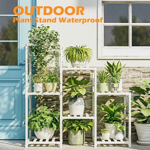 Bamworld Indoor Plant Stand Outdoor White Shelf Bamboo Plant Table for Multiple Plants 3 Tiers 7 Pots Ladder Holder Pot Window Garden Balcony Living Room