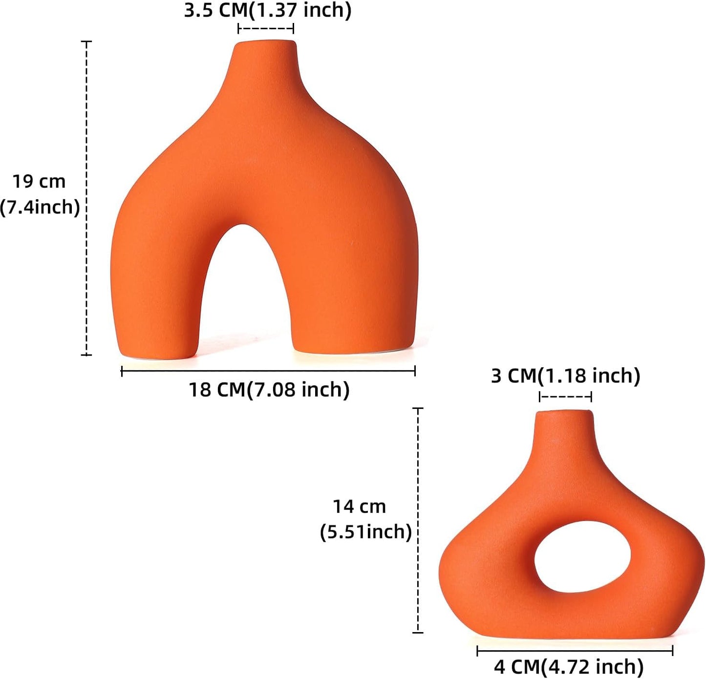 CEMABT Orange Ceramic Vase Set of 2 for Modern Minimalist Bohemian Decor，Round Matte Donut Vases for Pampas Grass-Perfect for Living Room, Dining Table, Office Bedroom Shelf Decor Entryway, Console