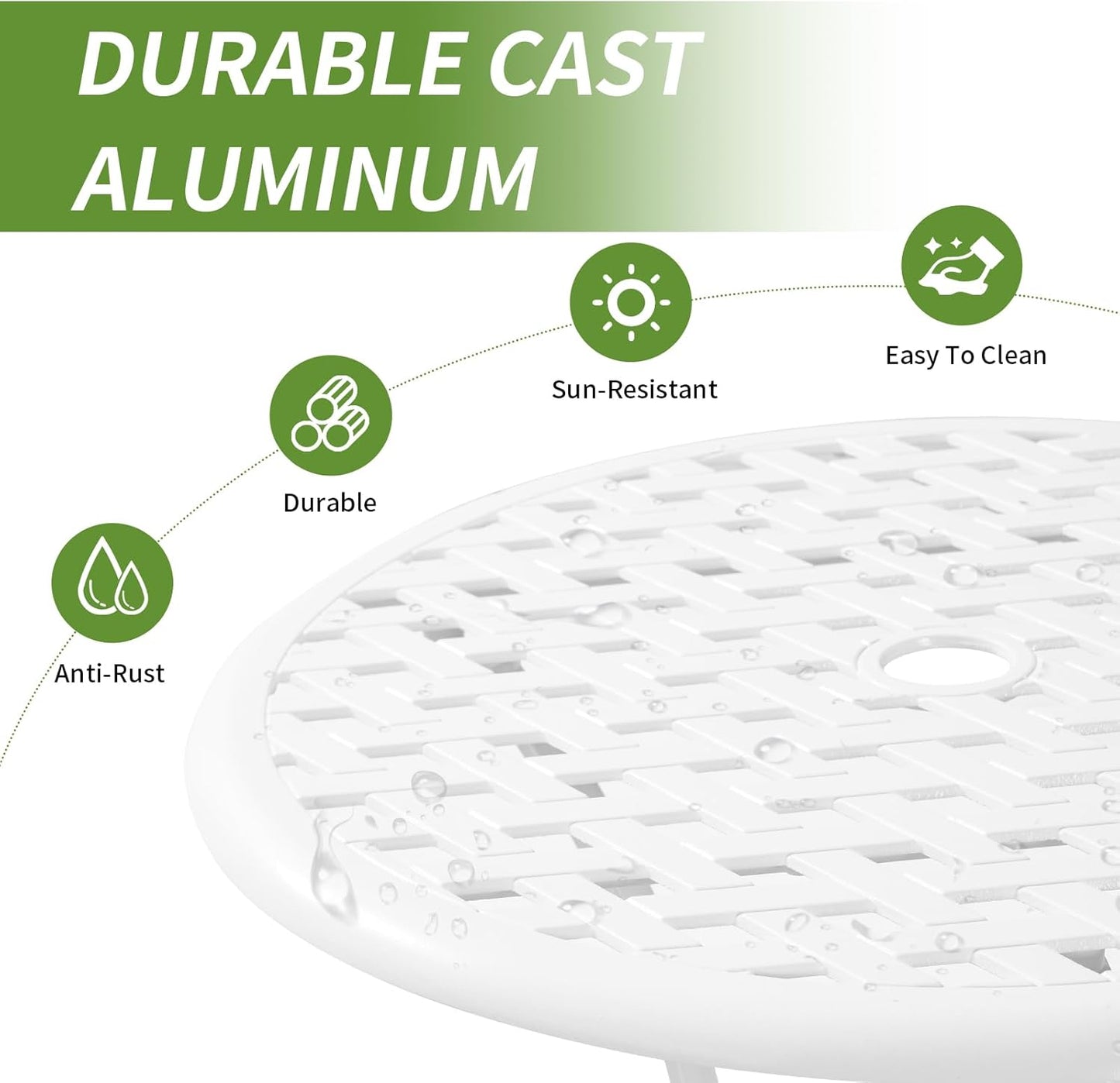 Cast Aluminum Bistro Table and Chairs Set of 2 with 1.97" Umbrella Hole,Weather Resistant 3 Piece Bistro Patio Set Outdoor Patio Furniture Set for Front Porch,Garden,Woven White