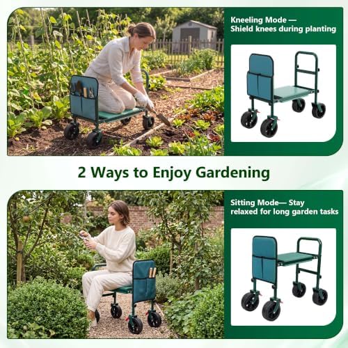 Foldable Garden Seat with 360° Swivel Brake Reversible Wheels