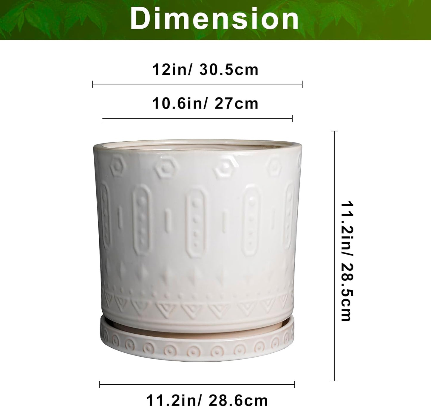 Ceramic Pots for Plants 12 Inch - Large Ceramic Planters for Indoor Plants Outdoor Modern Flower Pot with Drainage Holes and Saucer for Office Garden Patio White
