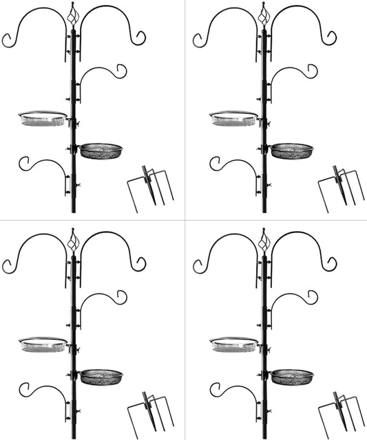 Ashman Deluxe Bird Feeding Station (4 Pack) Bird Feeders for Outside - Multi Feeder Pole Stand Kit with 4 Hangers, Bird Bath and 3 Prong Base for Attracting Wild Birds - 22 Inch Wide x 92 Inch Tall.