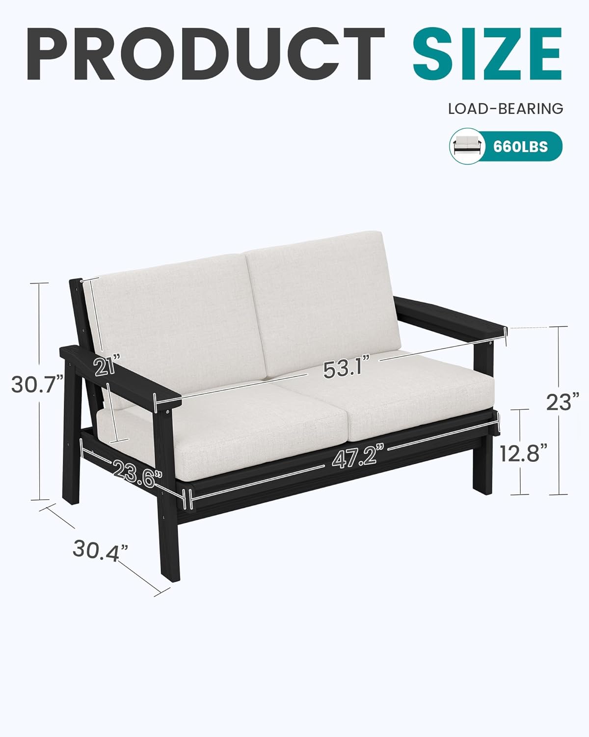 SERWALL HDPE Outdoor Patio Loveseat, Black Frame and Khaki Cushion