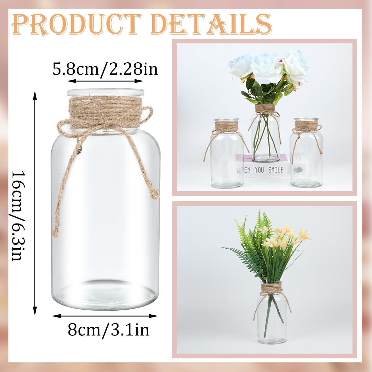 Vintage Glass Flower Vase，12 Pack Farmhouse Transparent White Glass Centerpiece Vases Mason Jars for Weddings, Parties & Home Decor Bulk (12, Transparent)