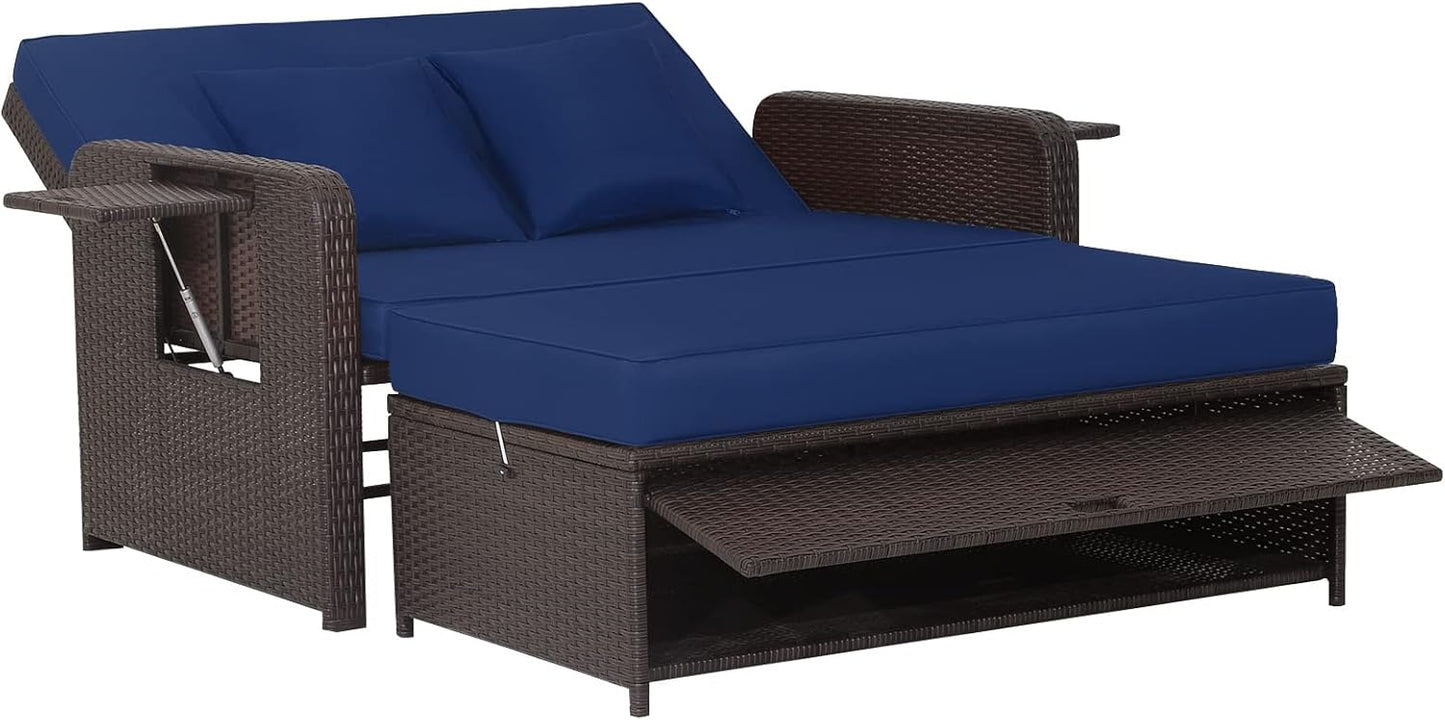Tangkula Patio Rattan Daybed Set, Wicker Loveseat Sofa w/Multipurpose Ottoman & Retractable Side Tray, 4-Level Adjustable Backrest, Footstool w/Storage, Seat & Back Cushion Included (Navy)