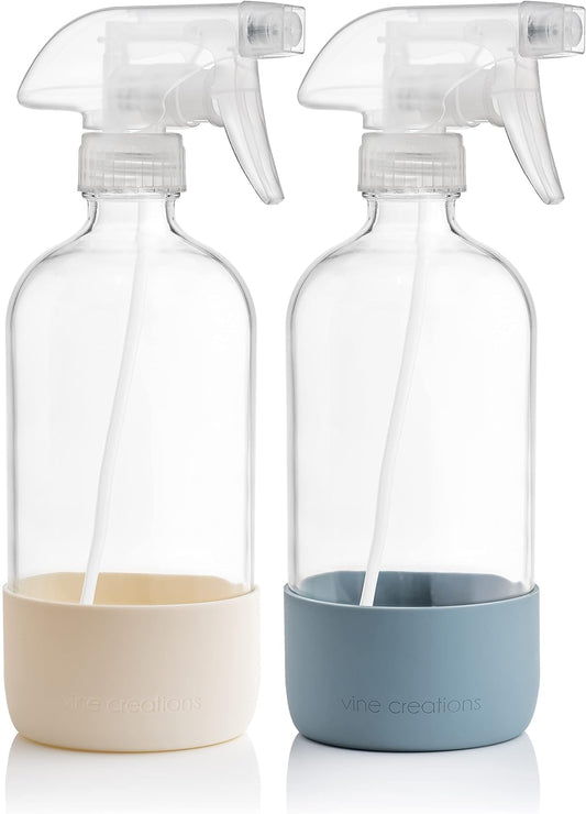 Vine Creations Glass Spray Bottles for Cleaning Solutions, Clear Glass Spray Bottle with Silicone Sleeve, 16 oz Empty Spray Bottles for Cleaning, Plant Spray Bottle, Mist and Stream Nozzle - 2 Pack
