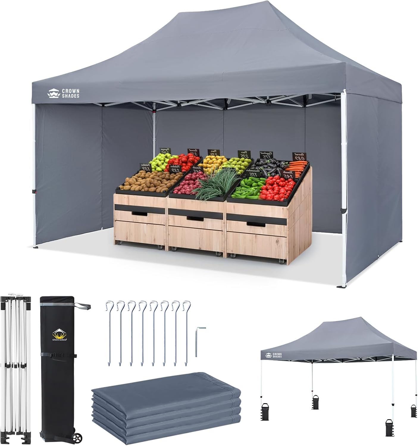 CROWN SHADES 10x15 Pop Up Canopy Tent, Thicken Frame Commercial Heavy Duty Tent with 4 Sidewalls 8 Stakes & 4 Sandbags & 4 Ropes, Outdoor Canopies for Events, Parties,Grey