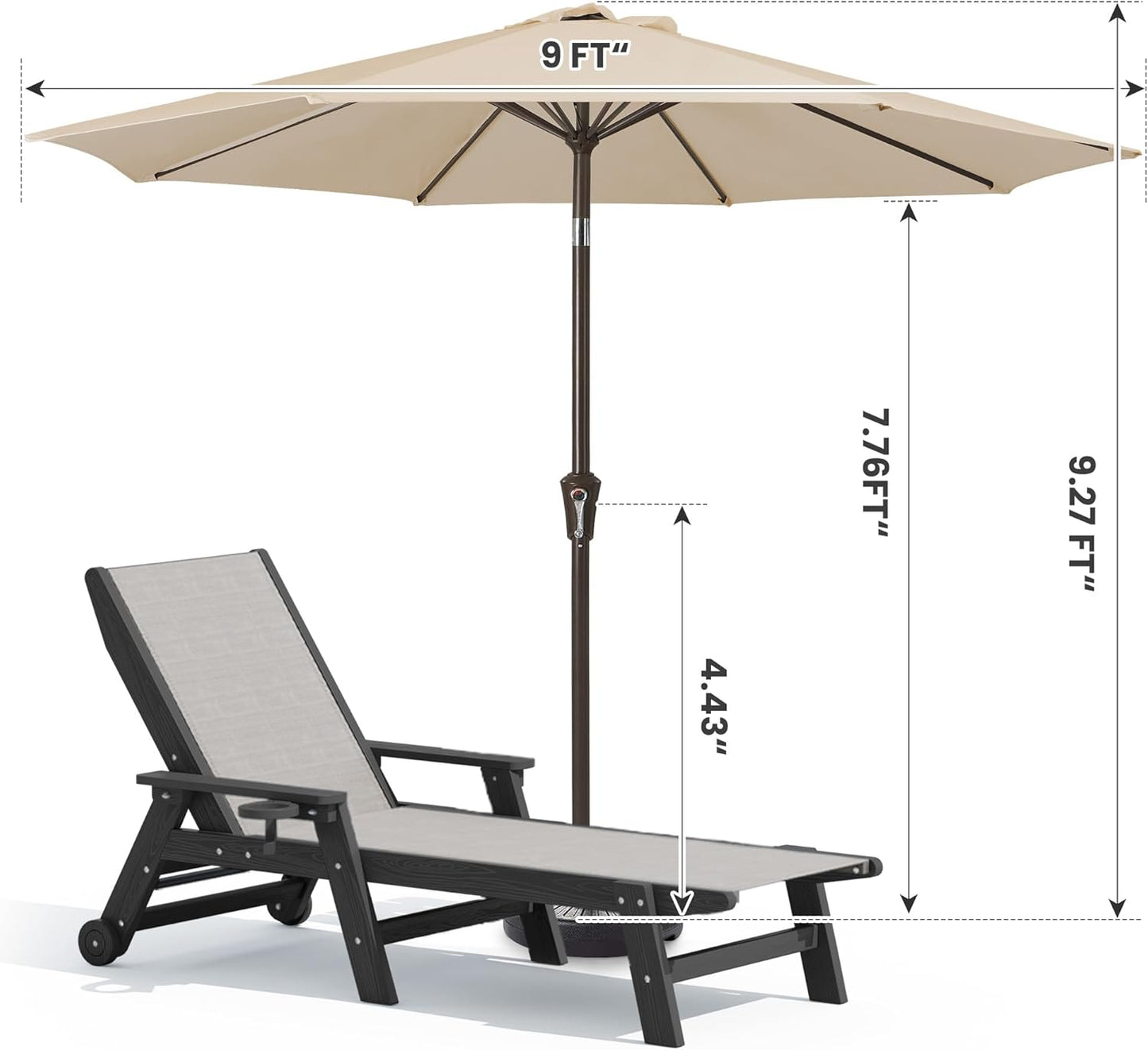 SERWALL Textilene Patio Chaise Lounge Chair Set of 2 with 9FT Patio Umbrella, 5 Positions Outdoor Lounger with Rolling Wheels for Pool, Deck, Black (Umbrella Base not Included)