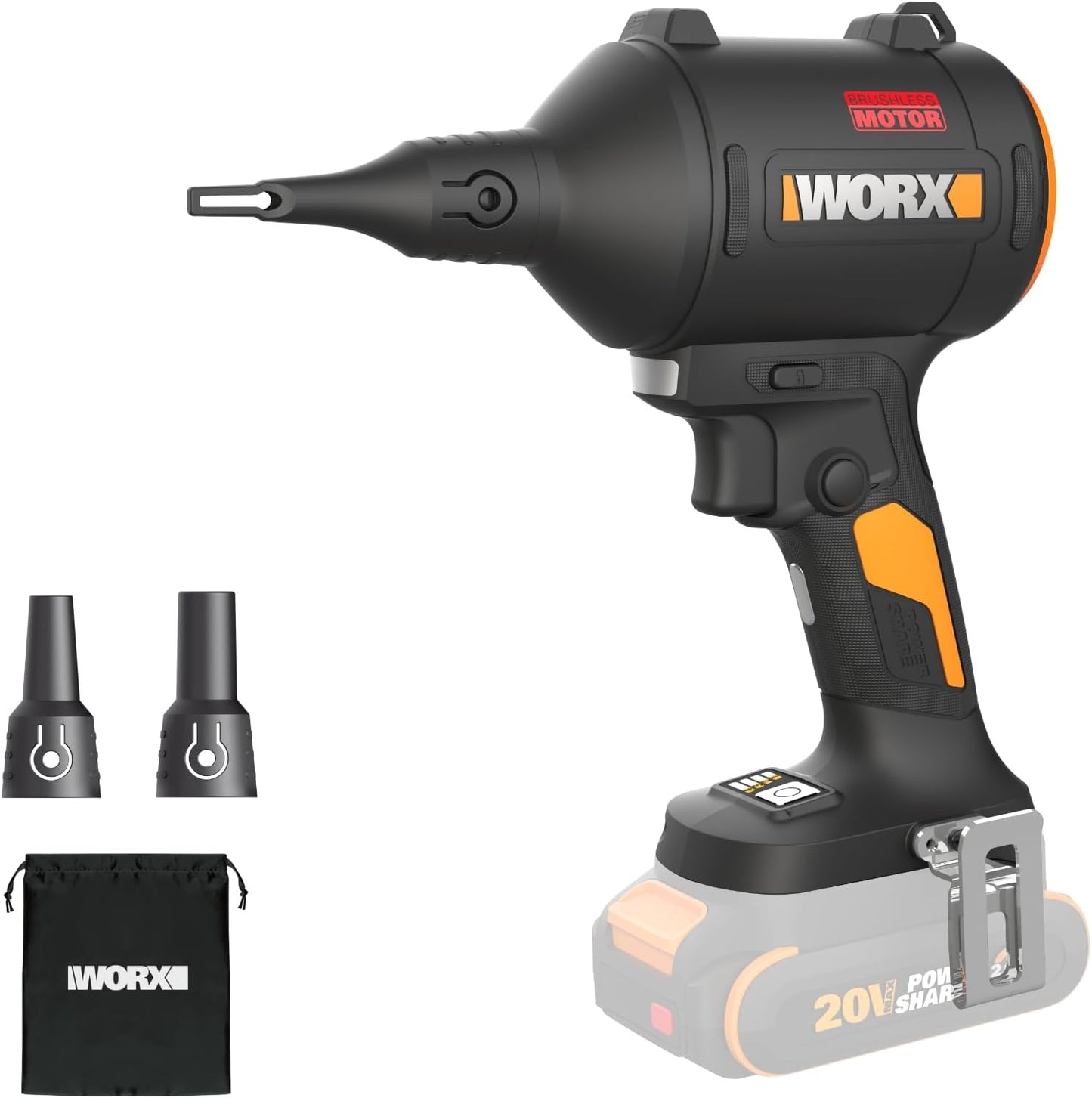 WORX Cordless Blower/Inflator, 20V 39 CFM 470 MPH Brushless High Speed Portable Dust Cleaner for Workshop, Lawn, Yard, Home, Lightweight Handheld Blower, Tool Only, PowerShare